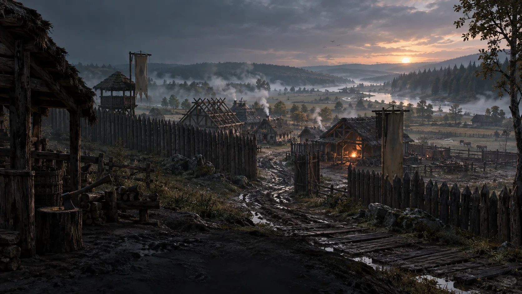 A palisaded village at dusk