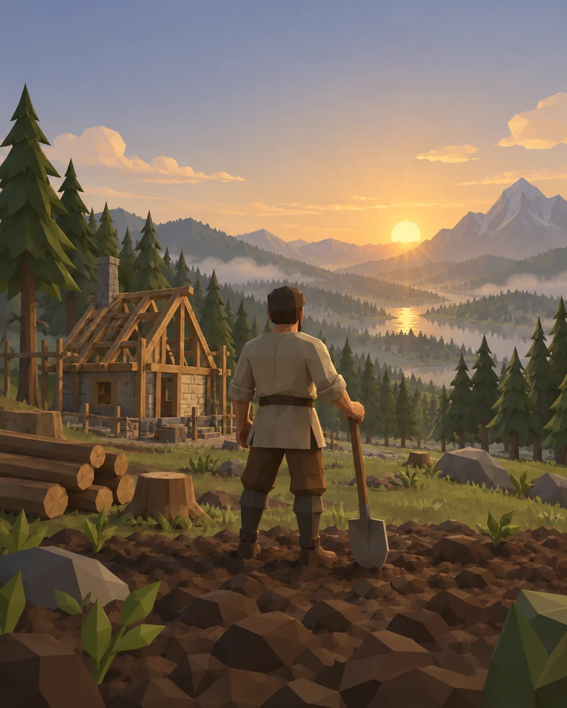 A settler with a shovel in front of his half-built house