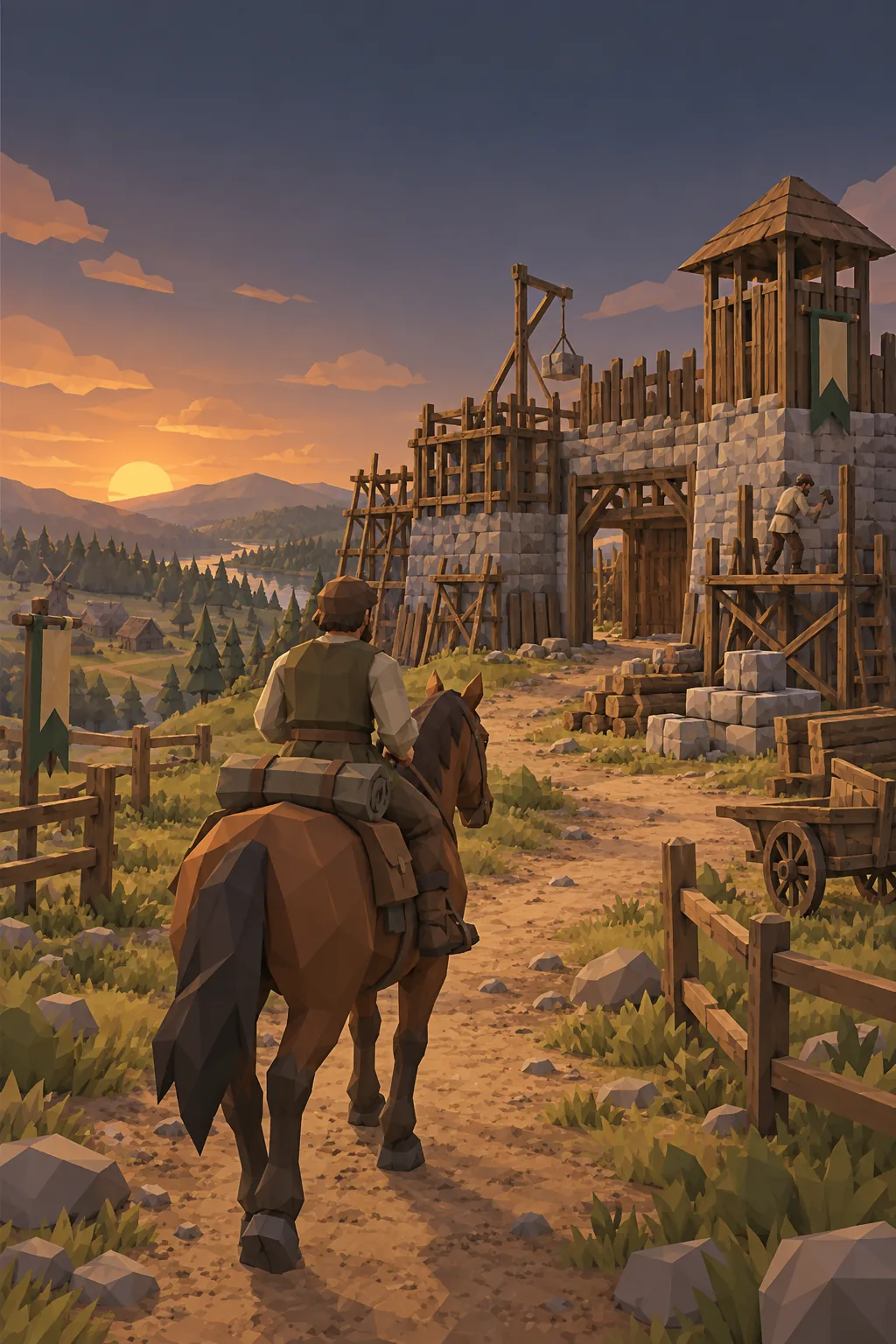 A rider in front of a wooden fort