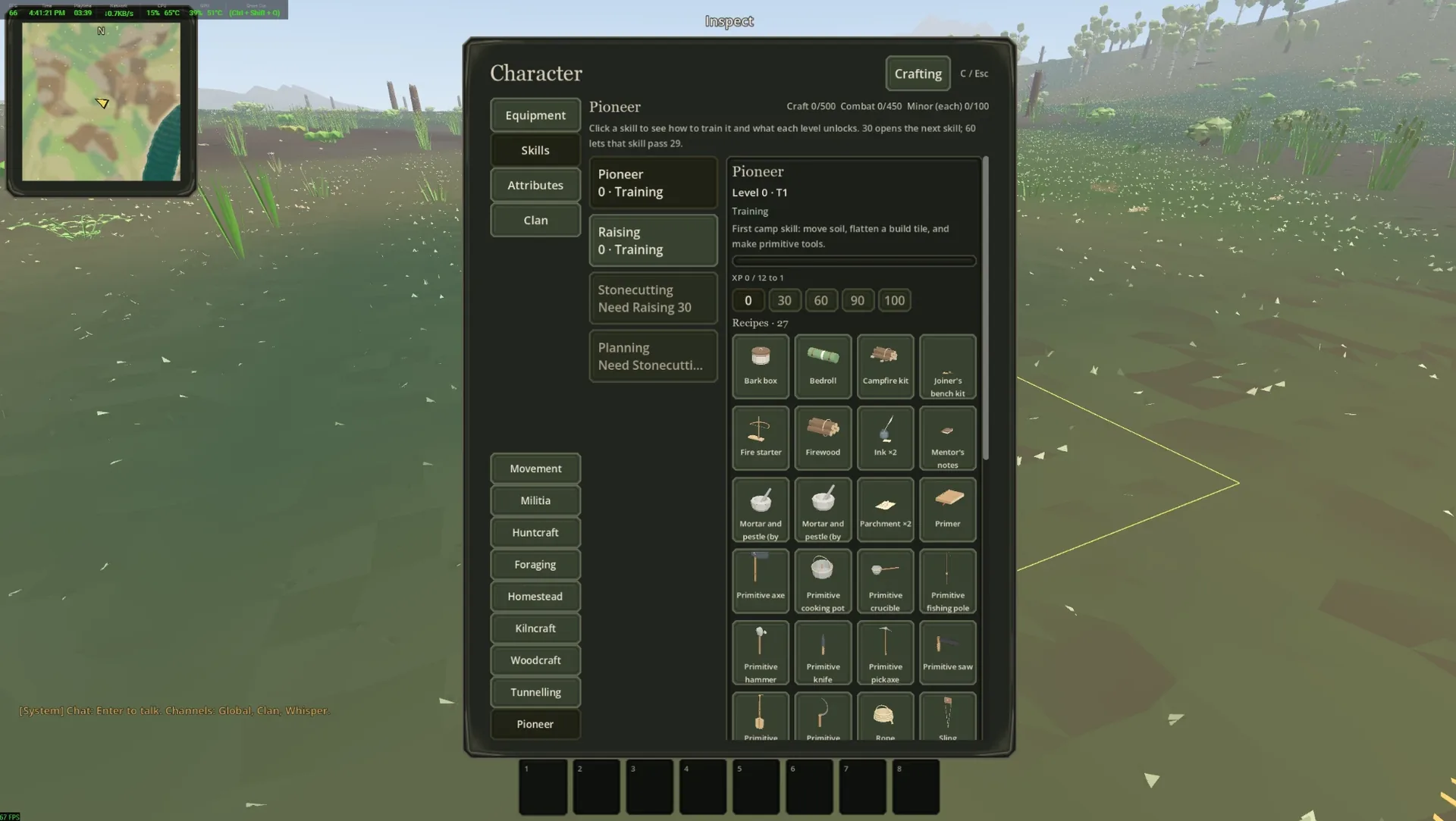 The Pioneer skills window