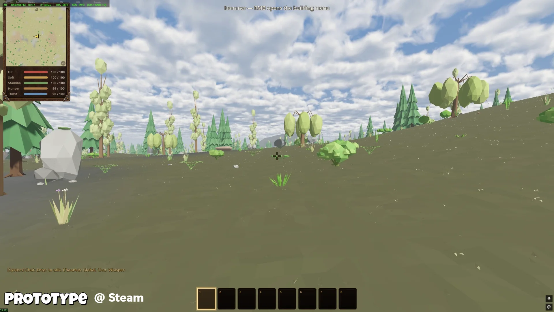 Gameplay: a meadow with the in-game HUD